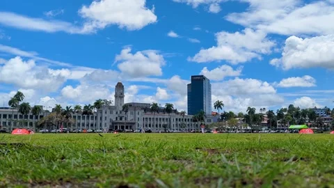 Time lapse cricket game in Albert Park with Parliament buildings in capital Stock-Footage 335944949