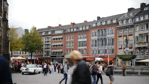 Time Lapse of Crowd of German People Visit Shopping Street Market Place Aachen Video stock 96683572