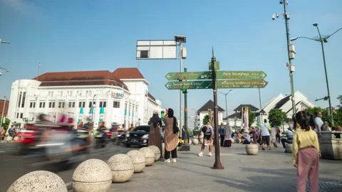 Time lapse crowd of people walk and selfie on 0 km Yogyakarta Stock Footage 246061036