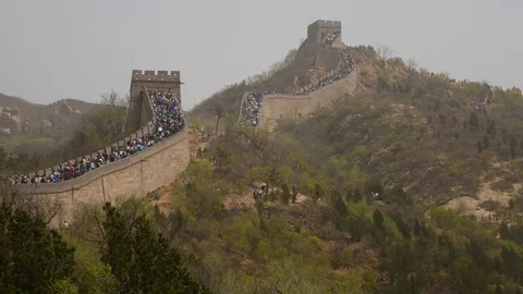 Time Lapse of Crowd Of People Walking Up On Chinese Great Wall Ancient Structure Stock Footage 106125712