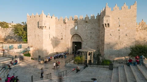 Time lapse of Damascus Gate, Jerusalem, at sunset, Israel, Middle East Stock Footage 220343858
