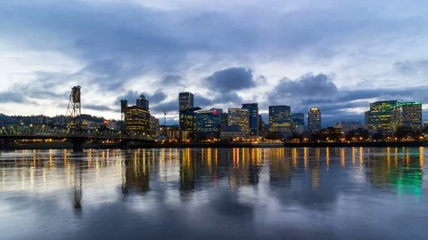 Time lapse of dark clouds over downtown Portland Or waterfront evening 4k uhd Stock Footage 72971455