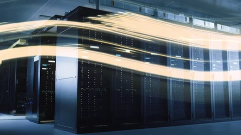 Time-Lapse of Dark Data Center with Light Trails Flying Between Multiple Rows Stock Footage 101697530