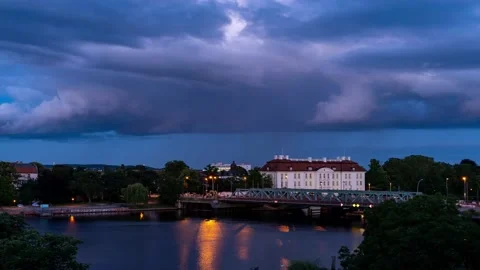 Time lapse dark storm clouds bridge river castle palace Köpenick Berlin Germany Stock Footage 145911776