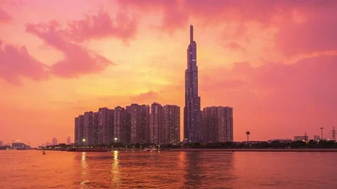 Time lapse day and night riverside skyscraper Stock Footage 146010280