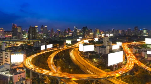 Time Lapse Day To Night Cityscape And Many White Billboard Of Bangkok, Thailand Stock Footage 59803140