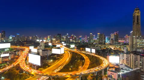 Time Lapse Day To Night Cityscape And Many White Billboard Of Bangkok, Thailand Stock Footage 59803216