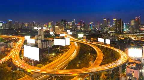 Time Lapse Day To Night Cityscape And Many White Billboard Of Bangkok, Thailand Stock Footage 59803278
