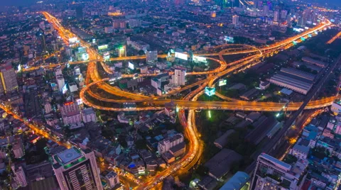 Time Lapse Day To Night Cityscape Of Bangkok City, Thailand (zoom out) Stock Footage 61434632