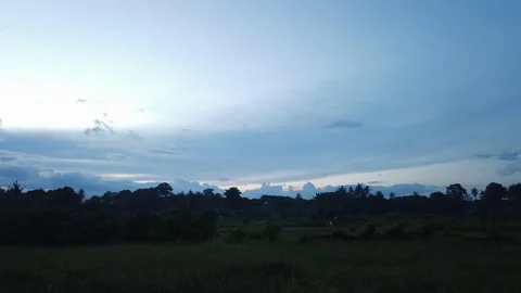 Time lapse day to night. Clouds run on blue sky over rice field palm trees, Bali Vidéo 141122307