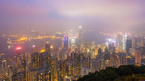 Time Lapse Day To Night Hong Kong City and Mist in Sky (long shot) Stock Footage 44942181