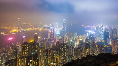 Time Lapse Day To Night Hong Kong City and Mist in Sky (zoom out) Stock Footage 45491654