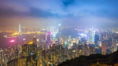 Time Lapse Day To Night Hong Kong City and Mist in Sky (tilt-shift) Stock Footage 45731881