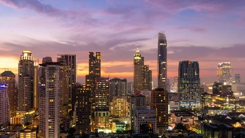 Time lapse day to night of modern building in business zone with motion zoom Stock Footage 92158772