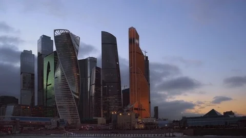 Time Lapse. Day to night, sunset. Moscow City. Modern futuristic skyscrapers. 4K Stock Footage 118678866