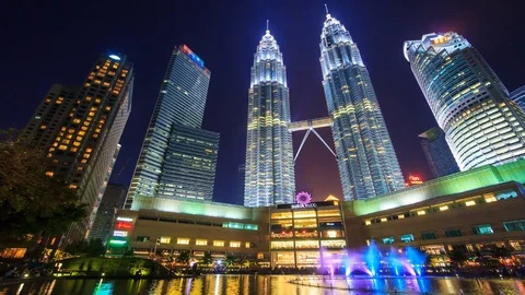 Time Lapse Day to Night Twin Towers And Fountain Show Of Kuala Lumpur, Malaysia Stock Footage 78980511