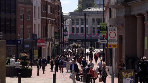Time lapse Derby city centre with people and cathedral England UK 4K Stock Footage 111890107