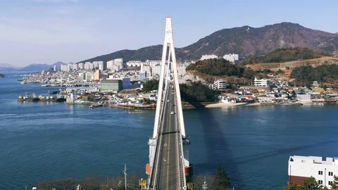 Time lapse with Dolsan Bridge. Yeosu city. South Korea. Sunny winter day Stock Footage 123947359