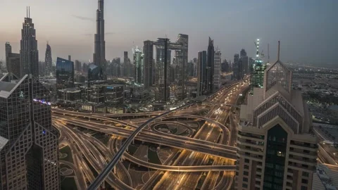 Time lapse of downtown Dubai with Sheikh Zayed Road and Burj Khalifa skyscraper Stock Footage