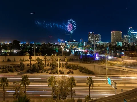 Time lapse of downtown Phoenix with fireworks. Stock-Footage 77626205