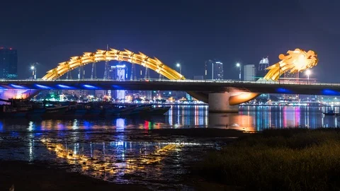 Time Lapse of the Dragon Bridge at Night- Da Nang Vietnam Stock-Footage 87293810