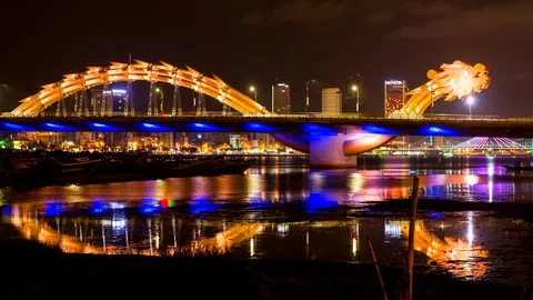 Time Lapse of Dragon Bridge Traffic at Night- Da Nang Vietnam Stock Footage 87281318