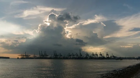 Time lapse of dramatic clouds over shipyard along Singapore Straits at sunset 4k Stock Footage 86936027