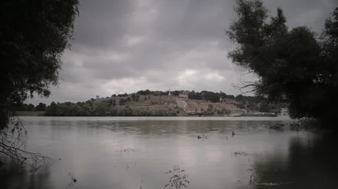 Time lapse of dramatic fast moving clouds over Belgrade with river Sava Stock Footage 56838706