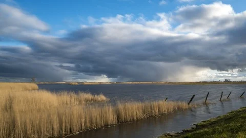 Time lapse of dramatic rain cloud rolling in with a moor and reeds Video stock 127446061