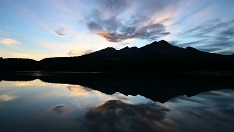 Time lapse of dramatic sunset and blue evening sky reflecting in a calm lake Stock Footage 138911740