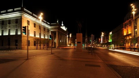 Time Lapse of Dublin with General Post Office Famous Landmark Cars Traffic Night Video stock 102343601
