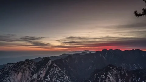 Time Lapse of Dusk Gradient Glow Layered Peak Forest Valley Stock Footage 337938265
