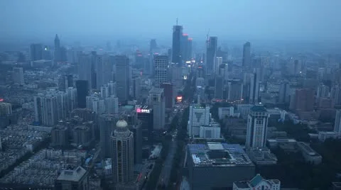 Time Lapse Dusk Light Night Aerial View Nanjing Skyline Cars Passing Busy City Stock Footage 12449211