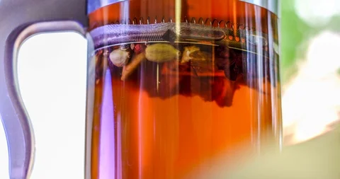 Time-lapse of eating, drink, hot fruit tea in a glass teapot Stock-Footage 129602908