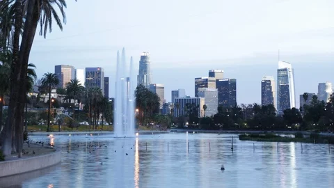 Time lapse echo park lake and los angeles downtown at sunset Stock Footage 108686314