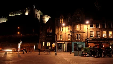 Time Lapse of Edinburgh Old Castle Pedestrian People Visit Shopping Street Night Stock Footage 104520788