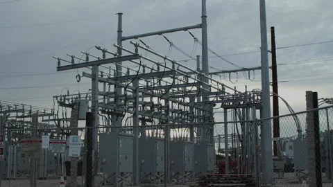 Time-lapse of electric grid relay station in evening sky, 4K. Stock Footage 243906902