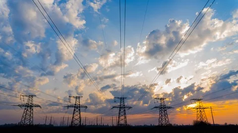 Time Lapse of Electrical Grid and Transmission Line at Sunset. Electricity Tower Stock Footage 127272261