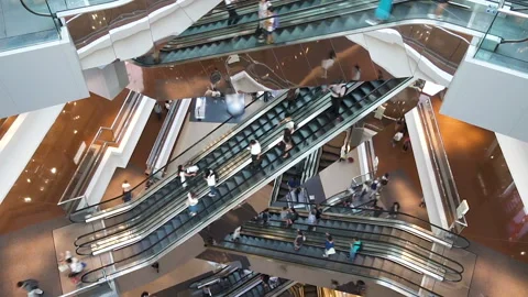 Time lapse escalators in modern shopping mall crowd of people. Stock Footage 91249022