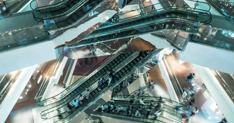Time lapse escalators in modern shopping mall crowd of people. Very busy full of Stock Footage 133215643