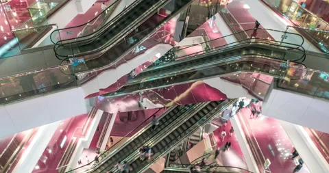 Time lapse escalators in modern shopping mall crowd of people. Very busy full of Stock Footage 134128448