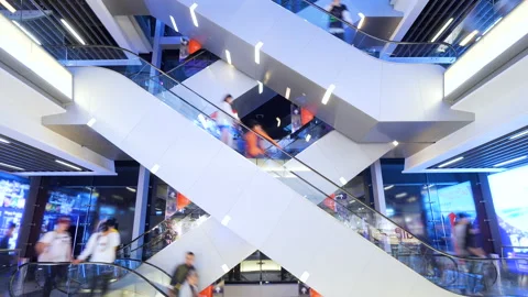 Time lapse escalators in modern shopping mall crowd of people. Very busy full of Stock Footage 134129796