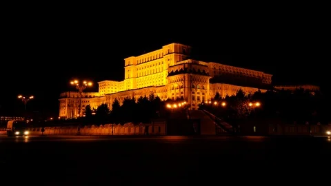 Time Lapse Establishing Shot Bucharest Parliament Palace Iconic Building Night Stock Footage 104500256
