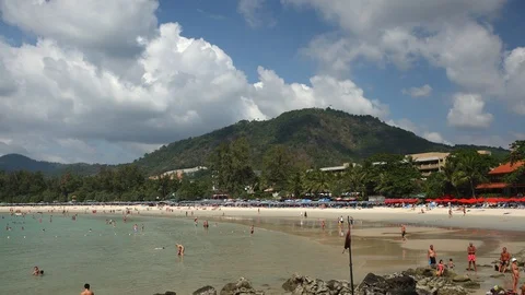 Time Lapse Establishing Shot Phuket Island Kata Beach with Tourists People Walk Video stock 104391302
