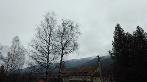 Time lapse of evaporation in the mountains. Cloudy grey day. Trees on the backgr Video stock 125817370