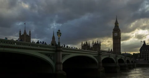 Time lapse of evening view of Big Ben, Westminster Bridge, the Thames. London Stock Footage 58292426