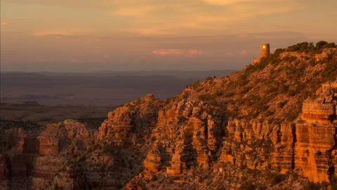Time lapse of fading sunset light on the Desert Watchtower at the Grand Canyon Stock Footage 150004661