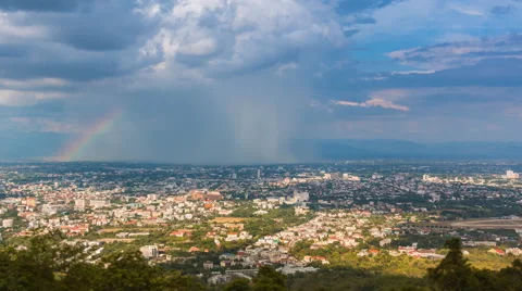 Time Lapse Falling Rain And Rainbow Over City Of Chiangmai, Thailand Stock Footage 51312649