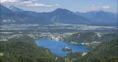 Time lapse of famous lake Bled with Alps mountains in the distance Stock Footage 158201955