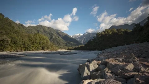 Time lapse of fast flowing Waiho River in the Southern Alps, New Zealand. Stock Footage 201661607